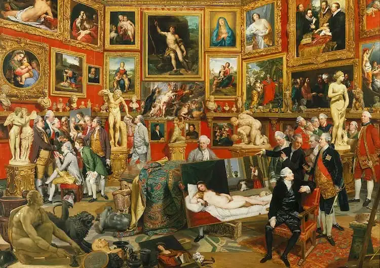 18th-century Grand Tour visitors admiring artworks in the Uffizi Gallery